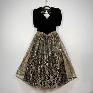 VTG Scott McClintock Formal Party Dress Sz 4 Black Velvet Gold Lace Keyhole 80s‎
